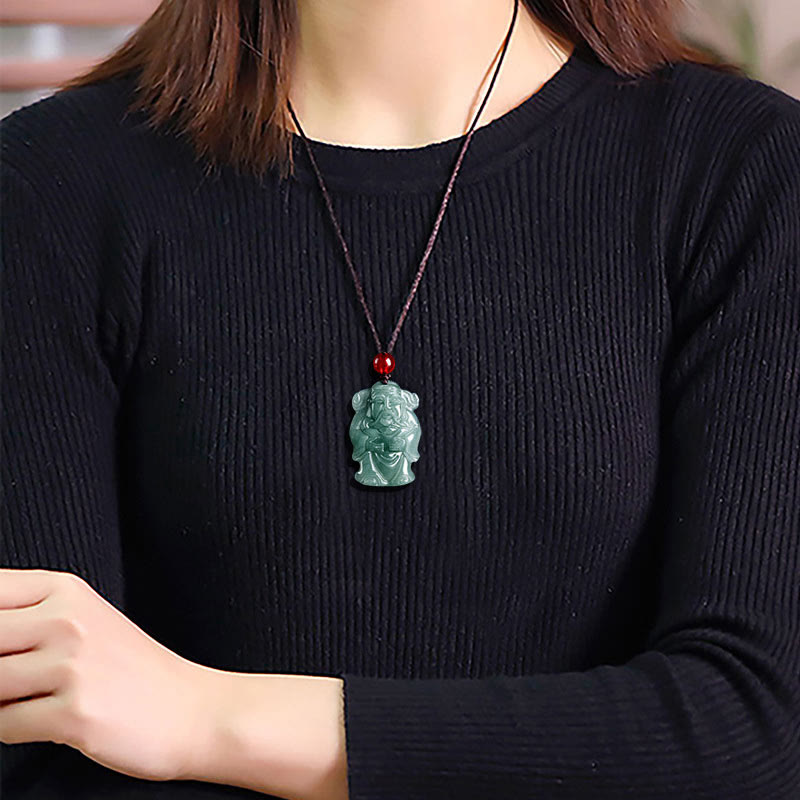 Fortune Jewel Natural Green Jade Chinese God of Wealth Caishen Ingot Abundance Necklace Pendant