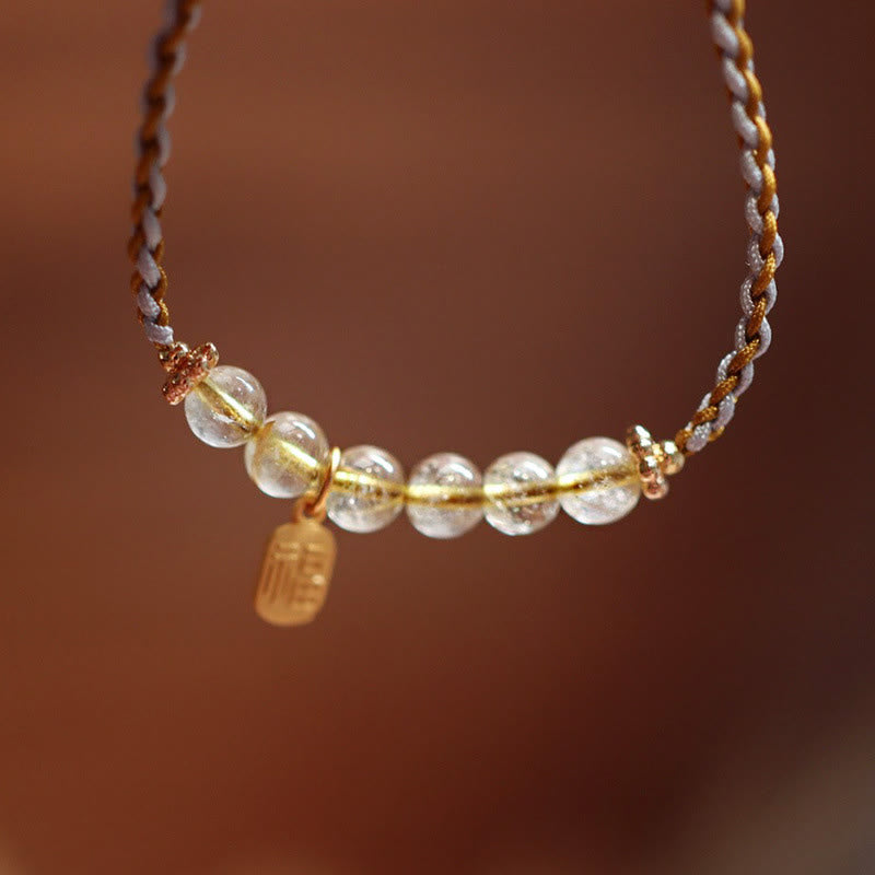 Fortune Jewel 925 Sterling Silver Natural Jade Gourd Rutilated Quartz Fu Character Luck Braid Bracelet