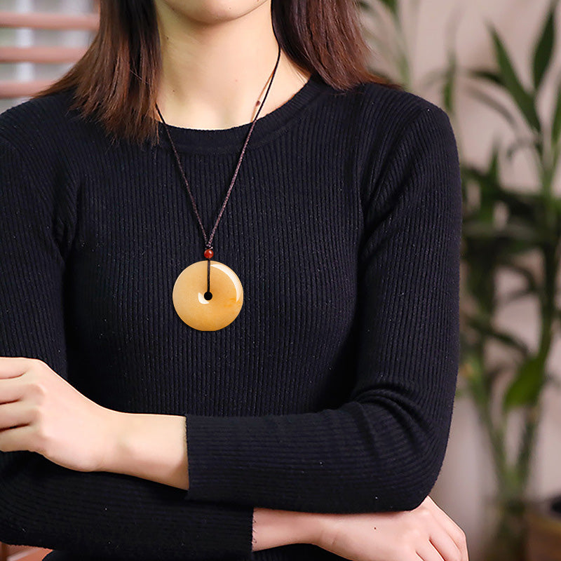 Fortune Jewel Round Golden Silk Jade Peace Buckle Wealth Pendant Necklace
