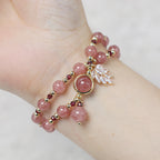 Fortune Jewel Natural Strawberry Quartz Love Healing Maple Leaf Charm Double Wrap Bracelet