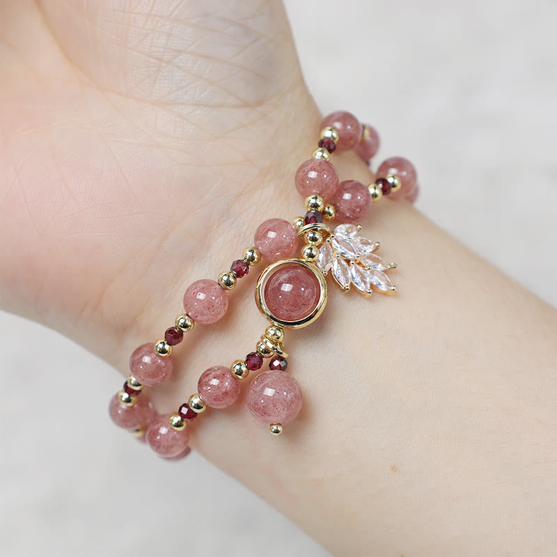 Fortune Jewel Natural Strawberry Quartz Love Healing Maple Leaf Charm Double Wrap Bracelet