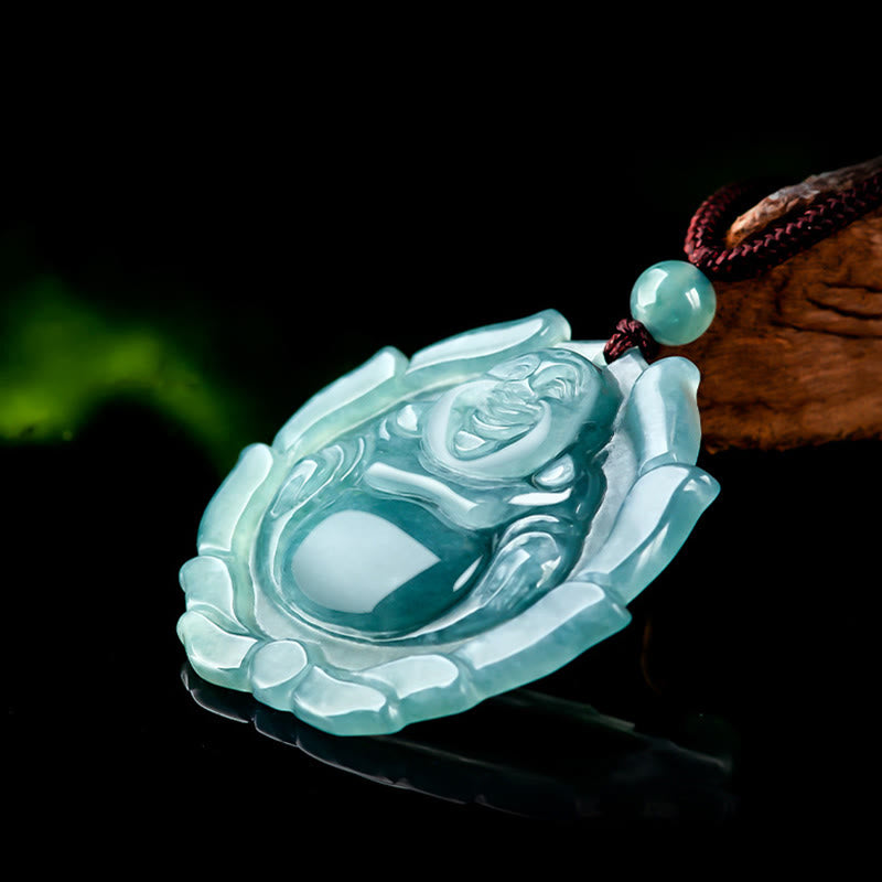 Fortune Jewel Natural Jade Laughing Buddha Lotus Pattern Luck Necklace Pendant Fortune Jewel