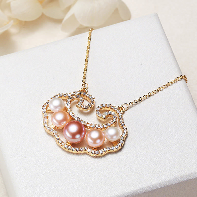 Fortune Jewel 18K Gold Plated Natural Pearl Chinese Lock Charm Sincerity Necklace Pendant