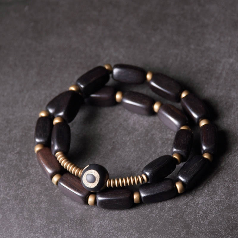 Fortune Jewel Tibet Ebony Wood Dzi Bead Copper Balance Double Wrap Bracelet