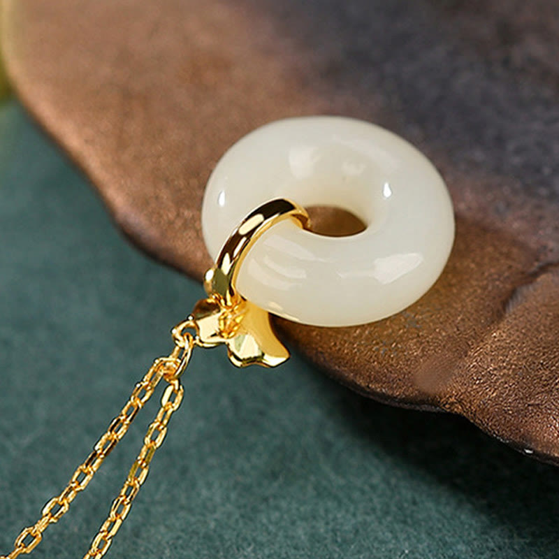 Fortune Jewel 925 Sterling Silver Natural Hetian Jade Ginkgo Leaf Peace Buckle Luck Necklace Pendant