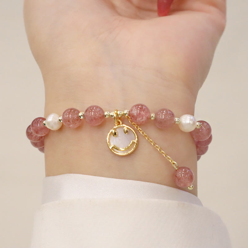 Fortune Jewel Strawberry Quartz Pearl Elk Smiley Face Fishtail Fu Character Charm Healing Bracelet