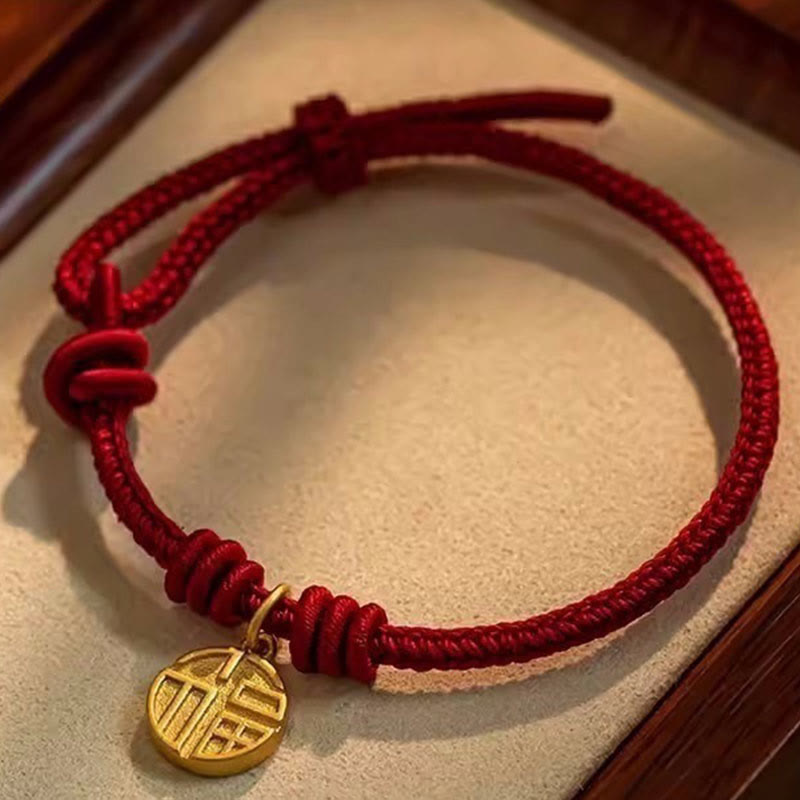 Fortune Jewel Handmade Eight Thread Peace Knot Fu Character Charm Luck Happiness Red Rope Bracelet