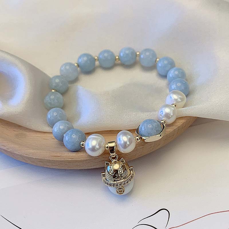 Fortune Jewel Aquamarine Pearl Peace Healing Lucky Cat Charm Bracelet