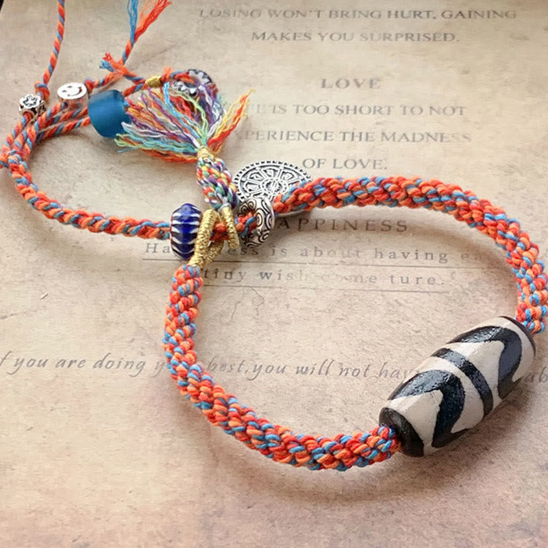 Fortune Jewel Tibetan 925 Sterling Silver Om Mani Padme Hum Handmade Dzi Bead Protection Braid Bracelet