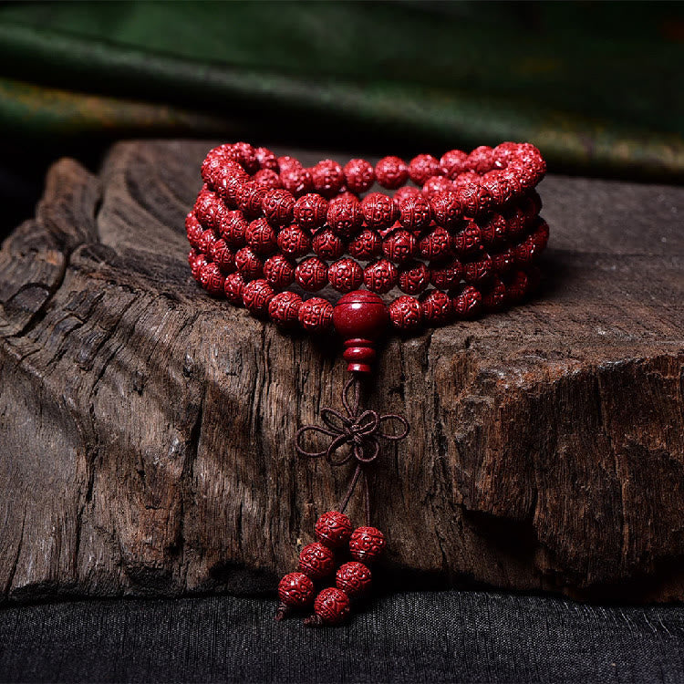 Fortune Jewel 108 Mala Beads Cinnabar Om Mani Padme Hum Pattern Engraved Blessing Bracelet