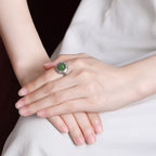 Fortune Jewel 925 Sterling Silver Hetian Cyan Jade Flower Design Luck Adjustable Ring