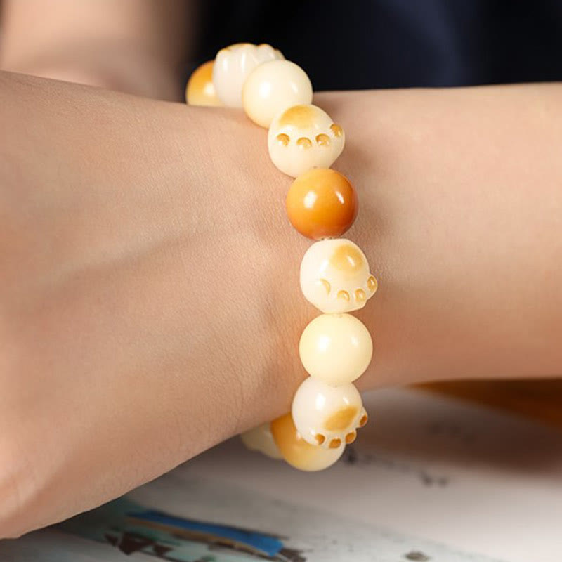 Fortune Jewel Natural Bodhi Seed Sandalwood Lucky Cute Cat Head Paw Claw Peace Bracelet
