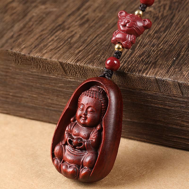 Fortune Jewel Small Leaf Red Sandalwood Buddha Cinnabar Chinese Zodiac Amulet Protection Key Chain