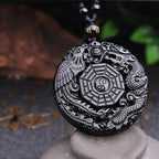Fortune Jewel Bagua Dragon Phoenix Obsidian Fulfilment Pendant Necklace