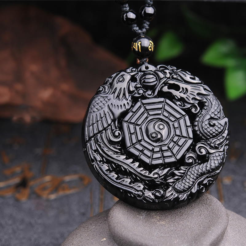 Fortune Jewel Bagua Dragon Phoenix Obsidian Fulfilment Pendant Necklace