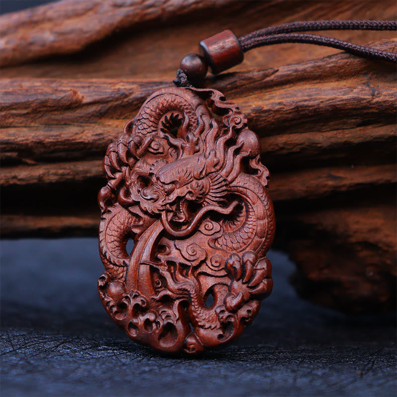 Fortune Jewel Lightning Struck Jujube Wood Double Dragon Relief Ward Off Evil Spirits Necklace Pendant