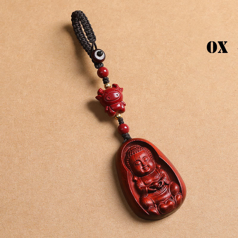 Fortune Jewel Small Leaf Red Sandalwood Buddha Cinnabar Chinese Zodiac Amulet Protection Key Chain