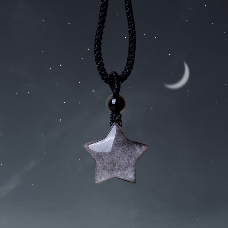 Fortune Jewel Natural Silver Sheen Obsidian Star Crescent Moon Protection Necklace Pendant