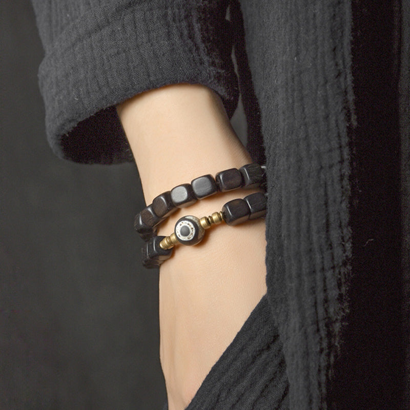 Fortune Jewel Ebony Wood Dzi Bead Copper Peace Couple Bracelet