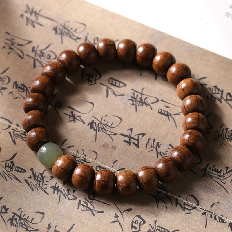 Fortune Jewel Natural Abelia Biflora Wood Hetian Jade Bamboo Bead Warding Off Evil Spirits Bracelet