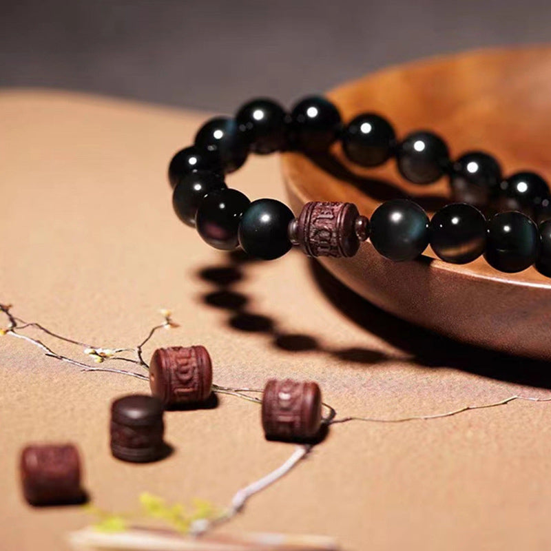 Fortune Jewel Natural Gold Sheen Obsidian Rainbow Obsidian Om Mani Padme Hum Fu Character Healing Bracelet