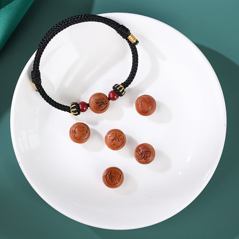 Fortune Jewel Natural Peach Wood Chinese Zodiac Fu Character Carved Cinnabar Wealth Bracelet