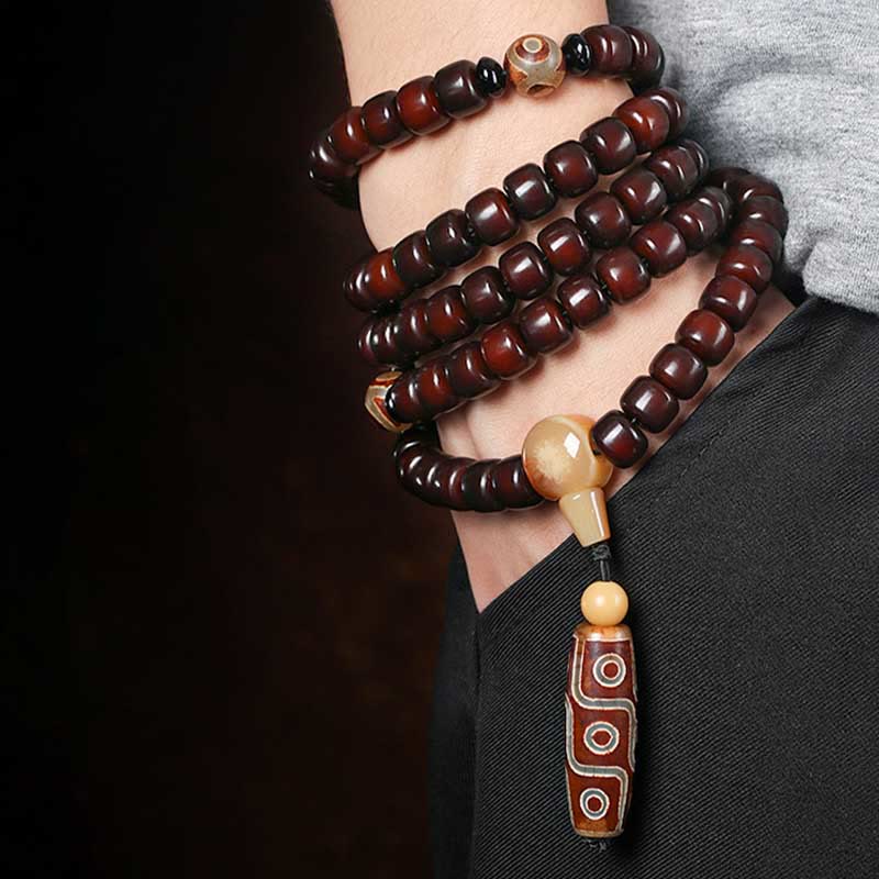 Fortune Jewel 108 Mala Beads Three-eyed Dzi Bead Nine-eye Dzi Bead Jade Luck Bracelet