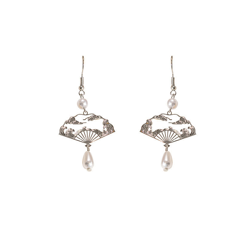 Fortune Jewel Copper Fan Auspicious Clouds Pearl Healing Drop Earrings