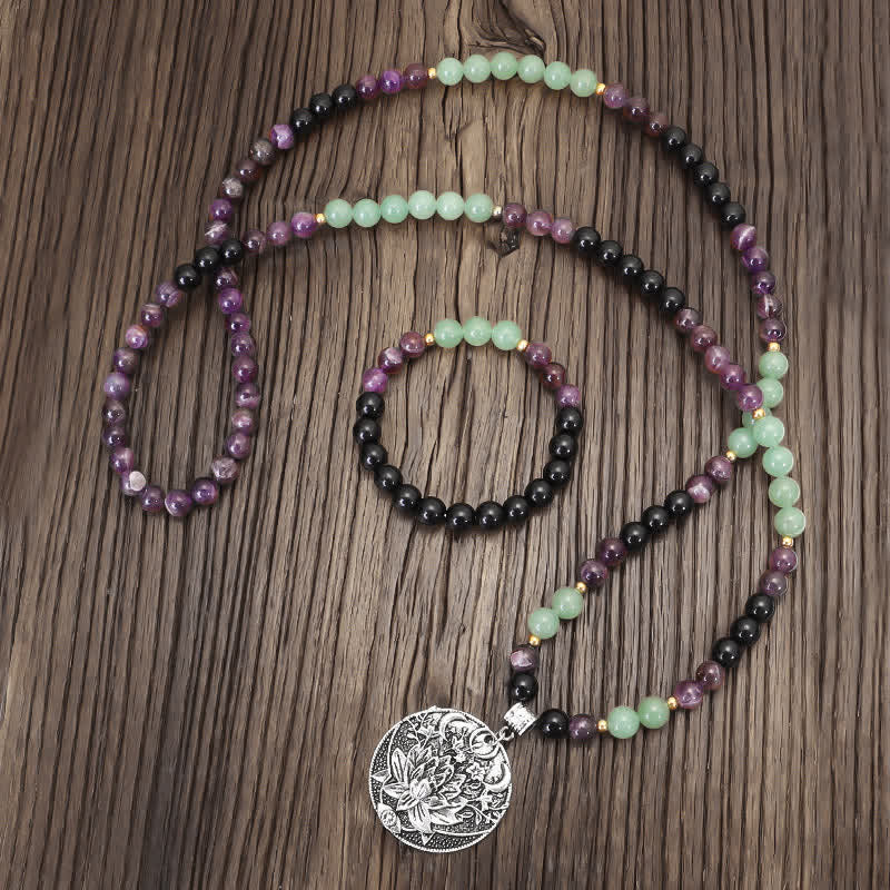 Fortune Jewel 108 Mala Beads Amethyst Green Aventurine Lotus Meditation Bracelet