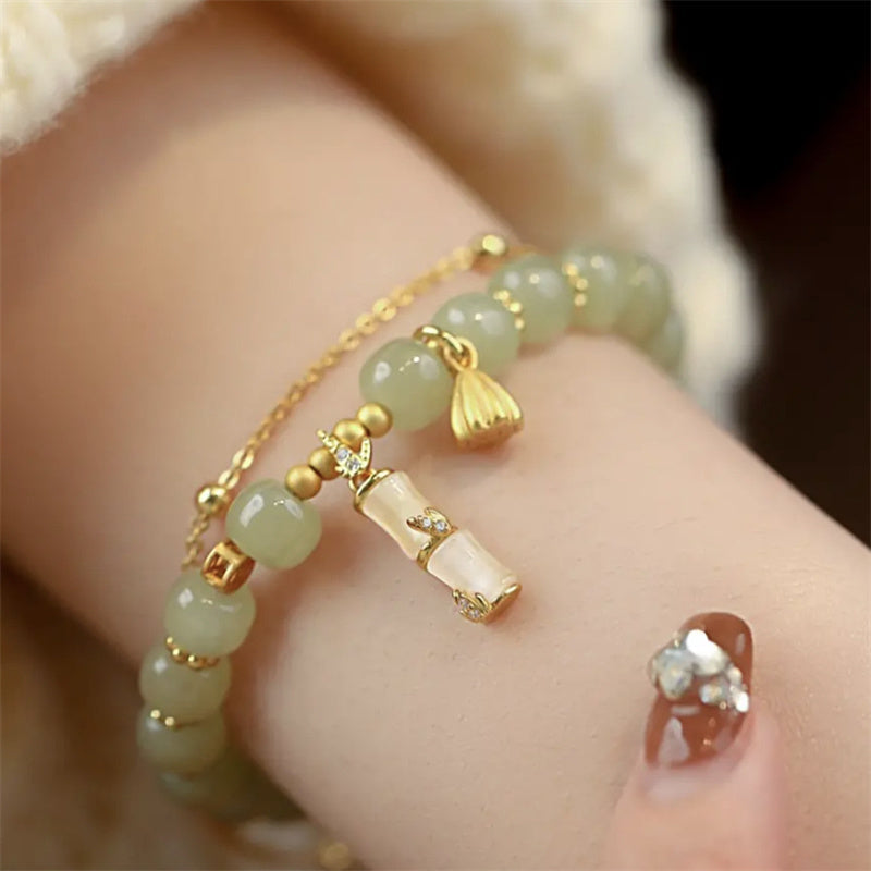 Fortune Jewel Natural Hetian Jade Prosperity Lotus Bamboo Charm Bracelet