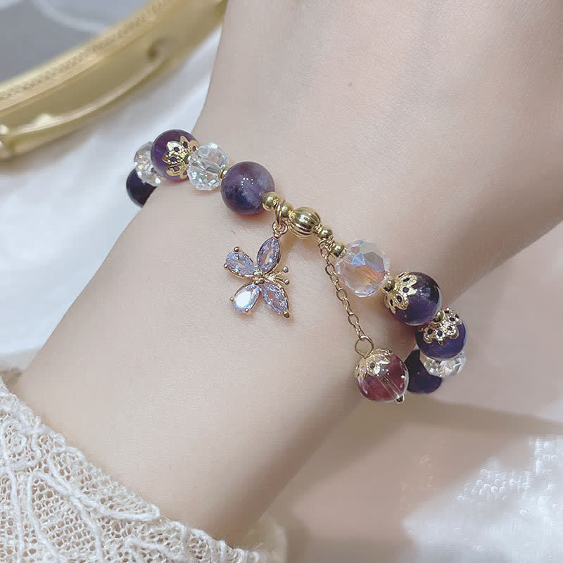 Fortune Jewel Natural Amethyst Crystal Spiritual Butterfly Charm Bracelet