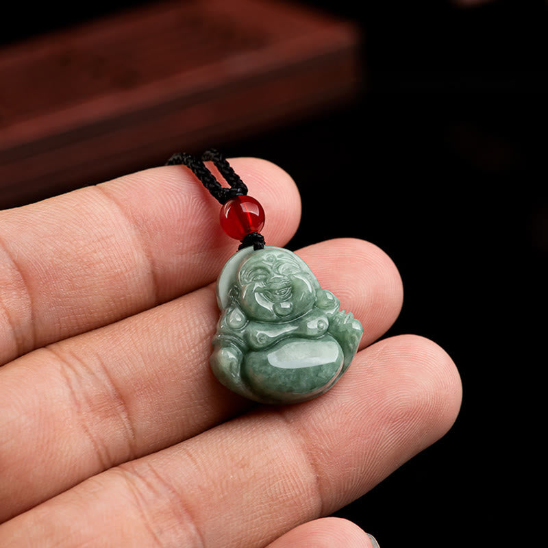 Fortune Jewel Natural Green Jade Laughing Buddha Luck Abundance Necklace Pendant Fortune Jewel