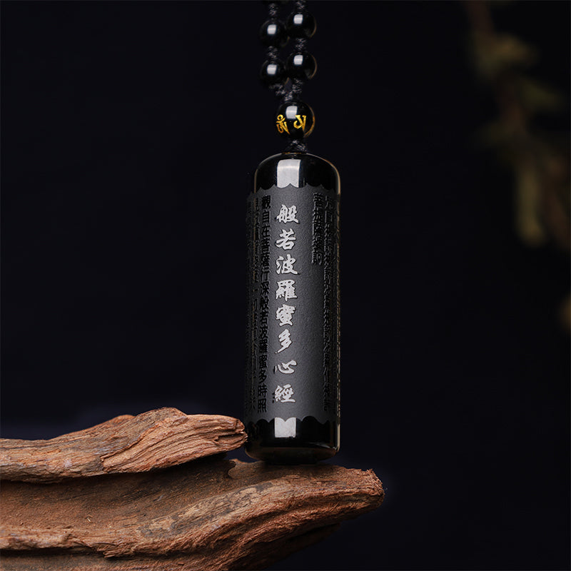 Fortune Jewel Natural Black Obsidian Heart Sutra Purification Necklace Pendant