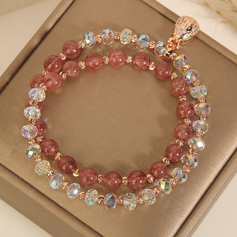 Fortune Jewel Strawberry Quartz White Crystal Money Bag Charm Positive Bracelet