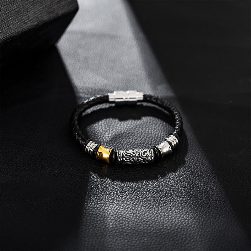 Fortune Jewel Tang Dynasty Flower Design Luck Stainless Steel Buckle Leather Bracelet