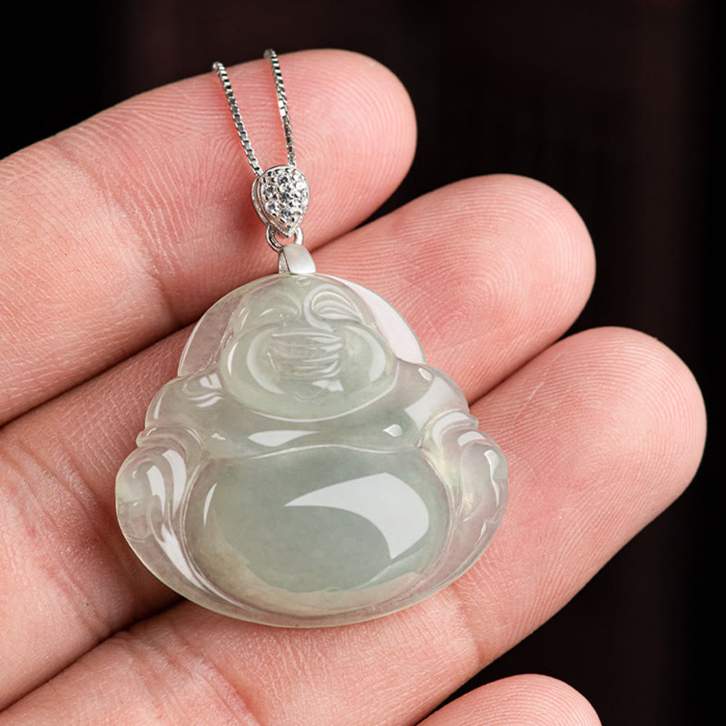 Fortune Jewel Natural Jade Laughing Buddha Prosperity Abundance Titanium Steel Chain Necklace Pendant Fortune Jewel