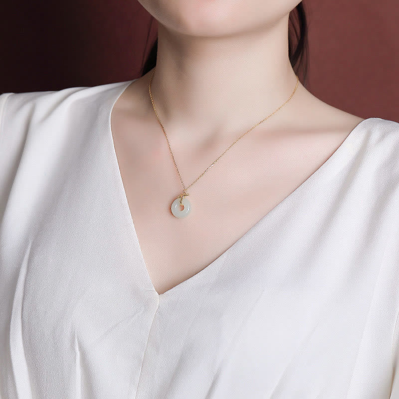 Fortune Jewel 925 Sterling Silver Natural Hetian Jade Ginkgo Leaf Peace Buckle Luck Necklace Pendant