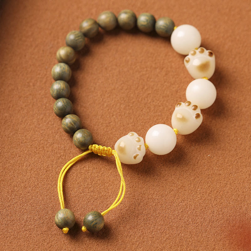 Fortune Jewel Natural Green Sandalwood Bodhi Seed Cat Paw Claw Cure Bracelet