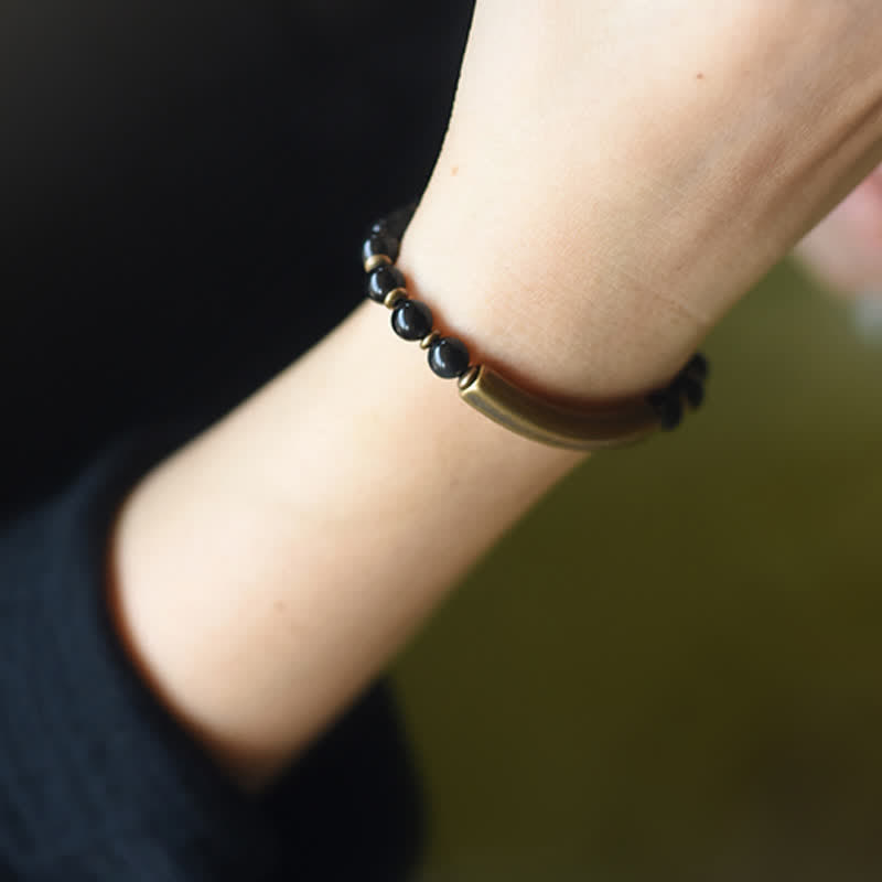Fortune Jewel Red Jasper Moss Agate Black Obsidian Crystal Copper Peace Couple Bracelet