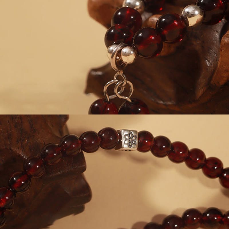 Fortune Jewel 925 Sterling Silver Natural Garnet Cat Eye Protection Triple Wrap Bracelet