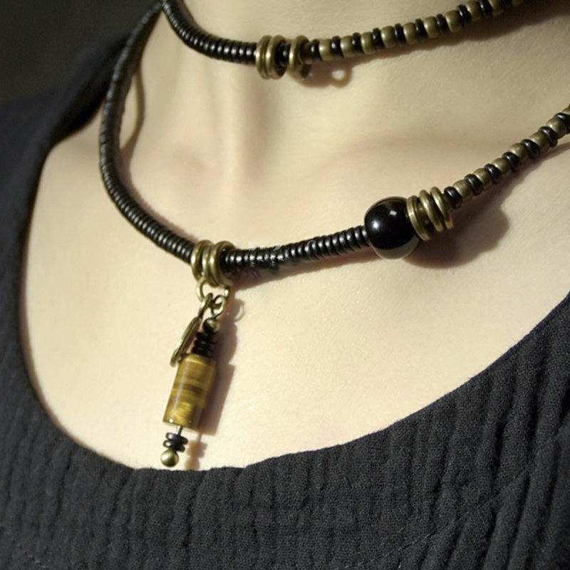 Fortune Jewel Ebony Wood Dzi Bead Copper Peace Couple Bracelet Necklace Pendant