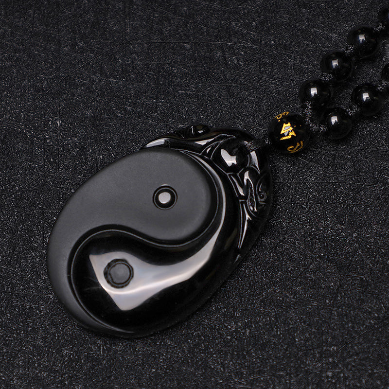 Fortune Jewel Natural Black Obsidian Yin Yang Fulfilment Strength Necklace Pendant