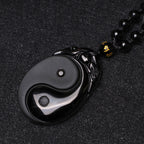 Fortune Jewel Natural Black Obsidian Yin Yang Fulfilment Strength Necklace Pendant