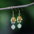 Fortune Jewel Hetian Jade Flower Pattern 14K Gold Plated Luck Drop Dangle Earrings
