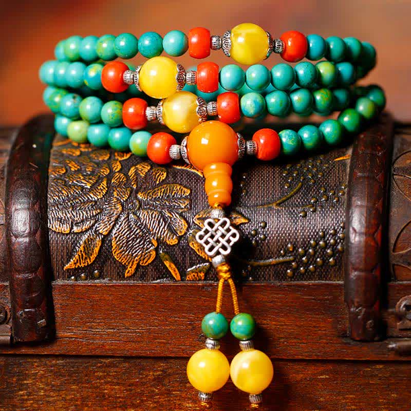 Fortune Jewel 108 Mala Beads Tibetan Turquoise Dzi Bead Protection Bracelet
