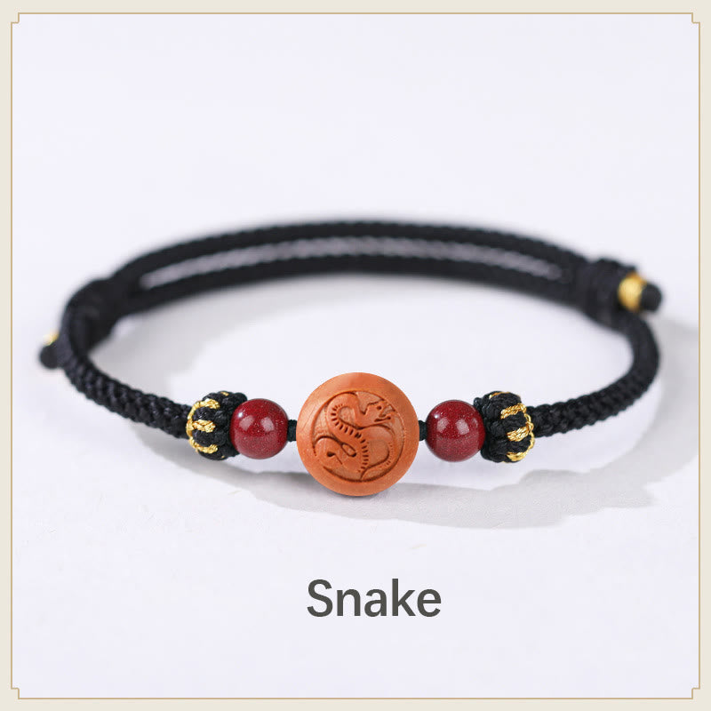 Fortune Jewel Natural Peach Wood Chinese Zodiac Fu Character Carved Cinnabar Wealth Bracelet