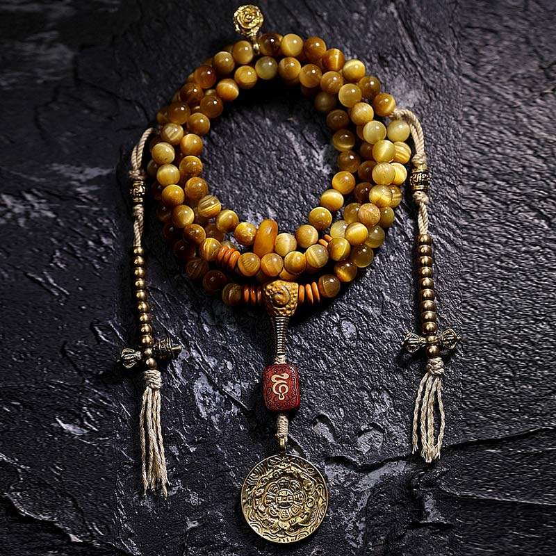 Fortune Jewel 108 Mala Beads Natural Tiger Eye Copper Dorje Protection Tassel Bracelet