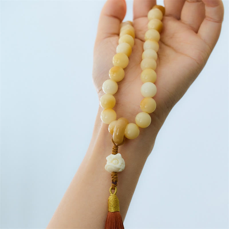 Fortune Jewel Natural Bodhi Seed Ivory Fruit Dancing Lion Charm Harmony Tassel Wrist Mala
