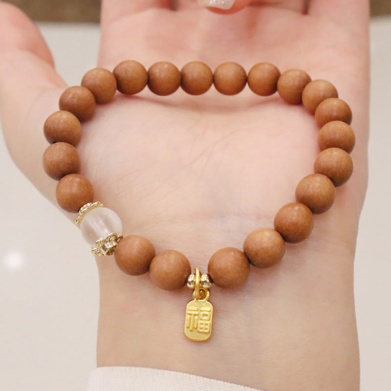 Fortune Jewel Sandalwood Cat's Eye Fu Character Charm Protection Bracelet