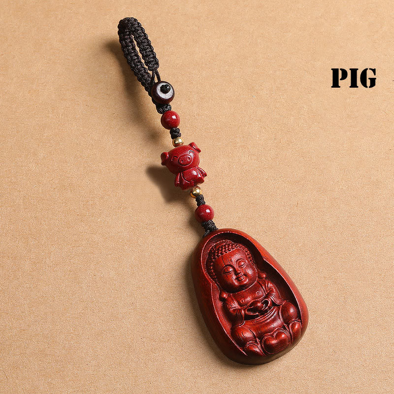 Fortune Jewel Small Leaf Red Sandalwood Buddha Cinnabar Chinese Zodiac Amulet Protection Key Chain